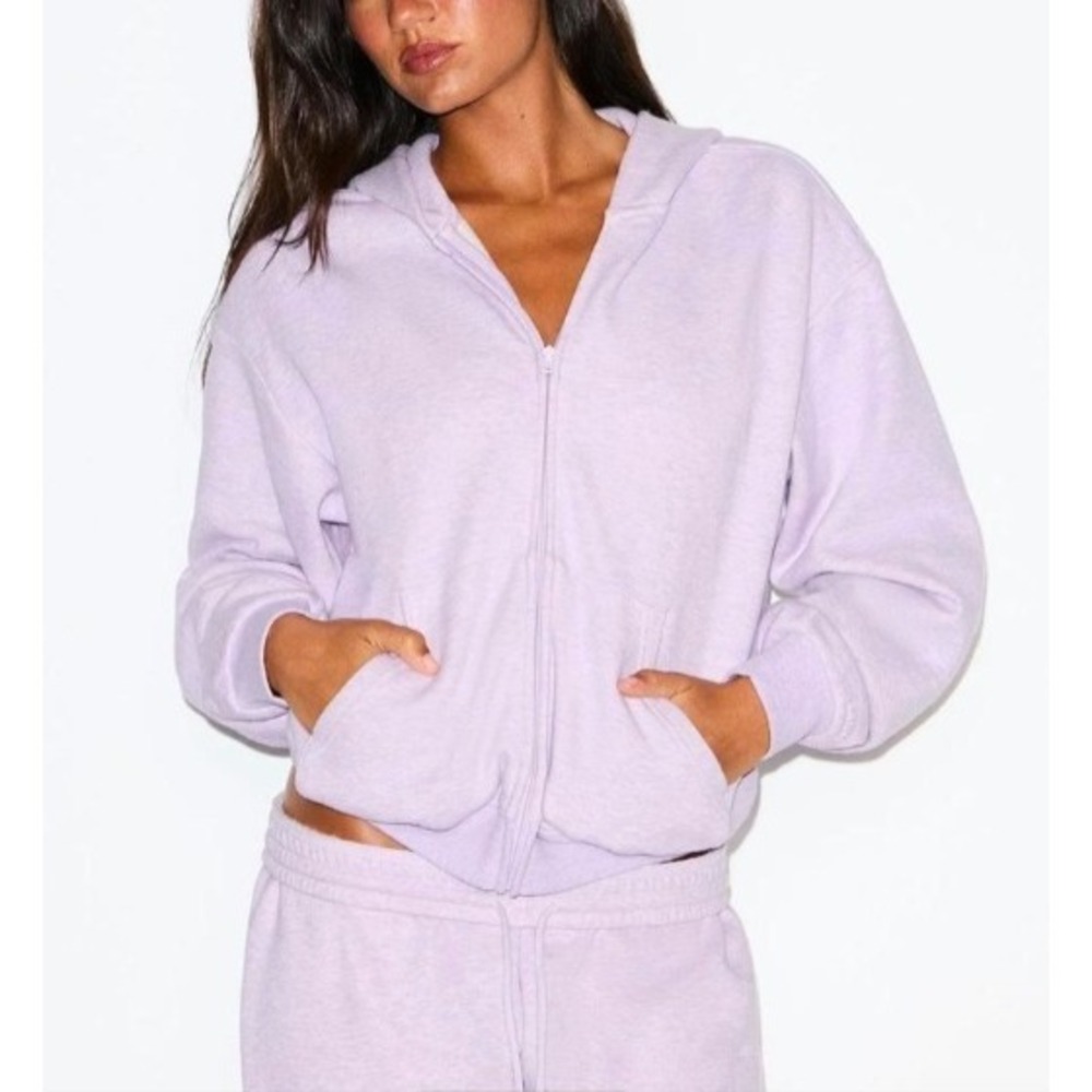 SKIMS Limited Edition Cotton Fleece Cropped Full Zip Up Hoodie Purple Heather M